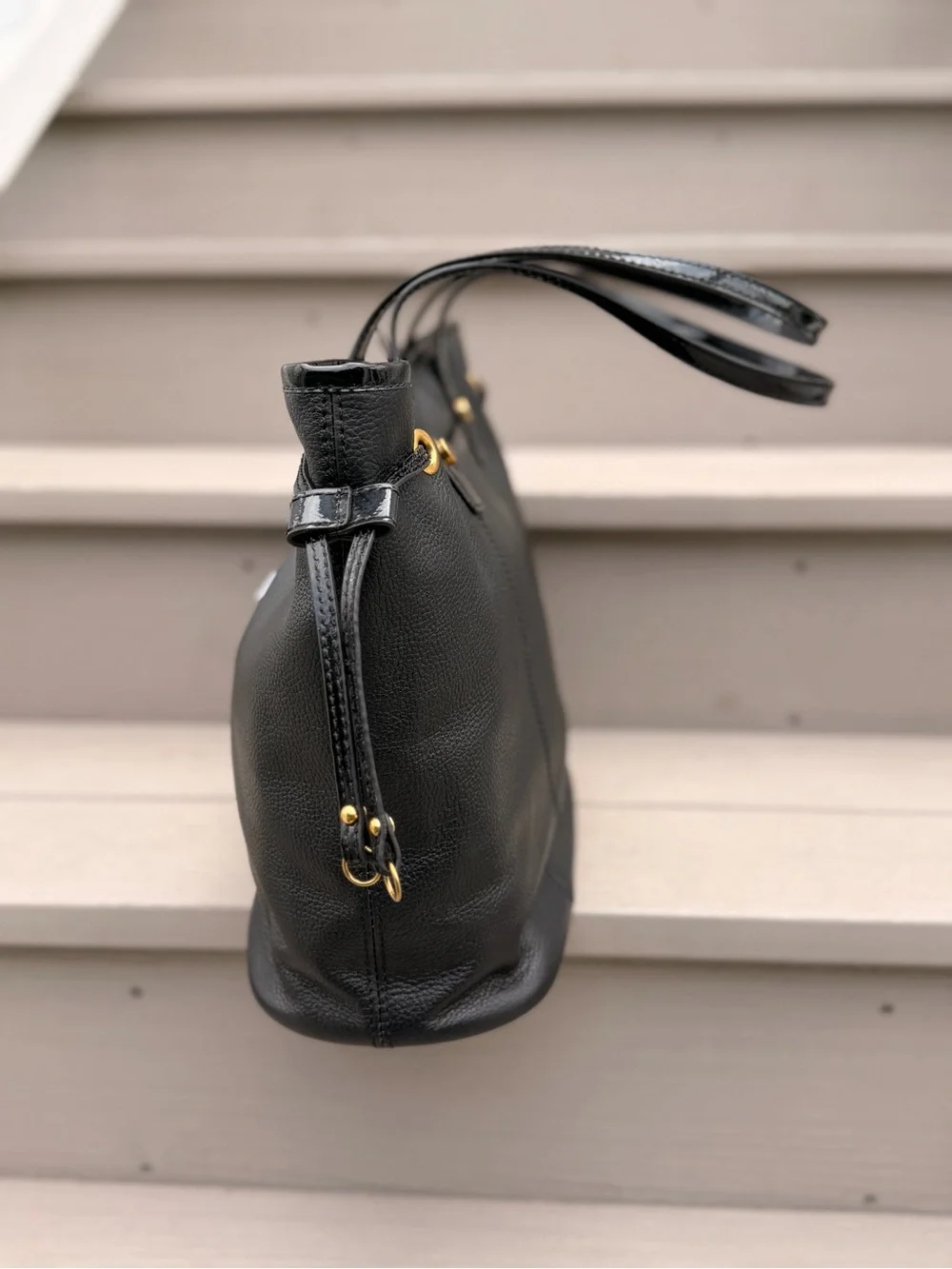 NWT American Leather Co Black Pebbled Leather Tote Bag Patent Trim Gold Hardware